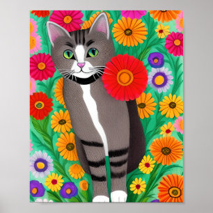 Póster Gatos grises y blancos caprichosos y flor roja