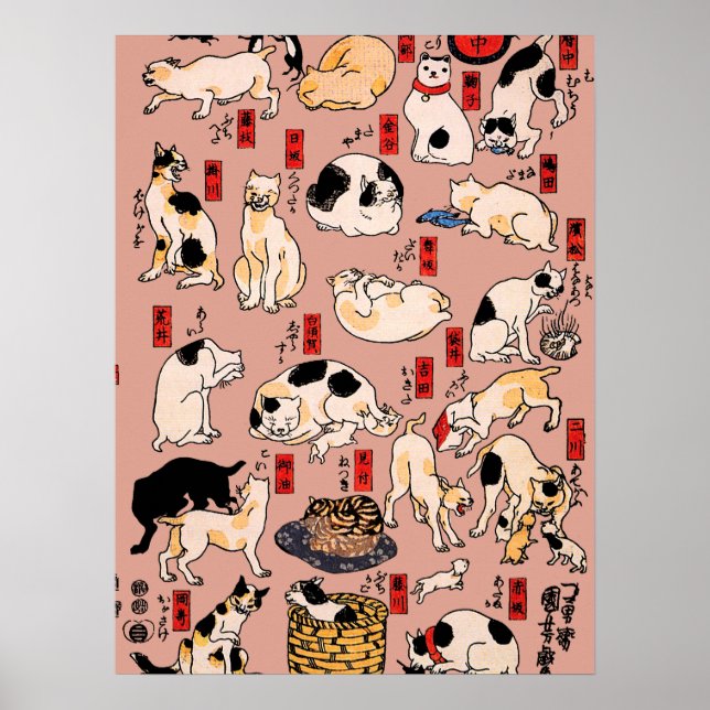 Póster gatos japoneses Ukiyo-e Funny kitty (Frente)