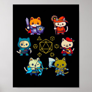 Póster Gatos Jugadores De Rpg Dados D20 Gatos Friki Geeks