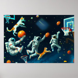 Póster Gatos jugando básquetbol en el espacio con astrona