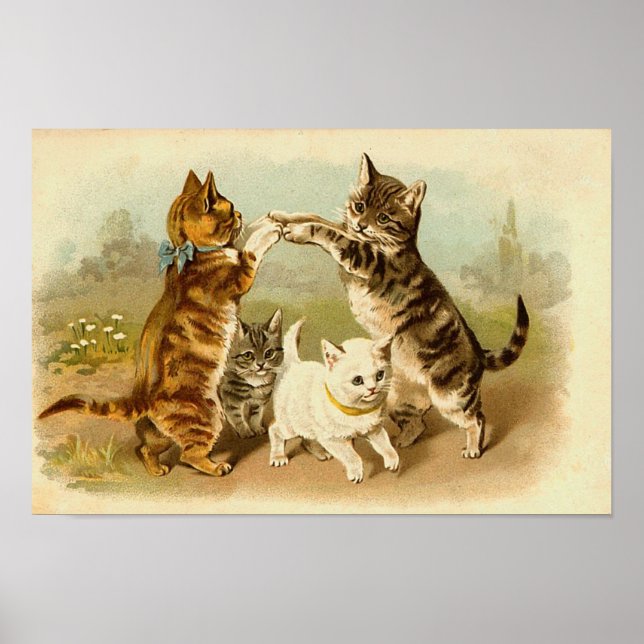 Póster Gatos Jugando Ilustracion Vintage (Frente)