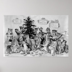 Póster Gatos Louis Wain decorando árbol de Navidad
