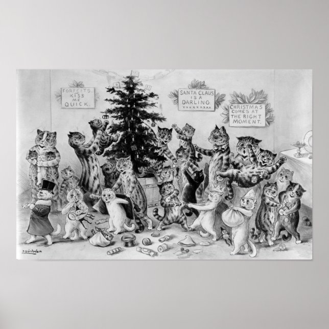 Póster Gatos Louis Wain decorando árbol de Navidad (Frente)