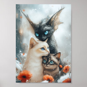 Póster Gatos Mágicos de Invierno con Guardián de Dragón d