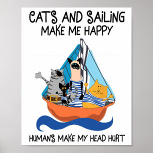 Póster Gatos Navegando Me Hacen Feliz Vela Barco Ancla Sa