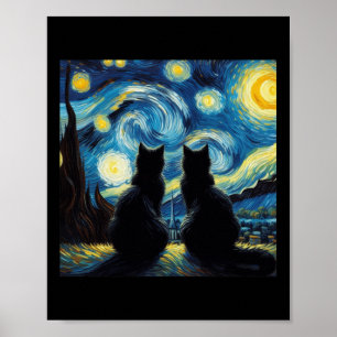 Póster Gatos negros adoran noche estrellada Van Gogh Gato