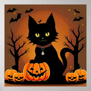 Póster Gatos Negros de Halloween Jack O Linternas Espeluz