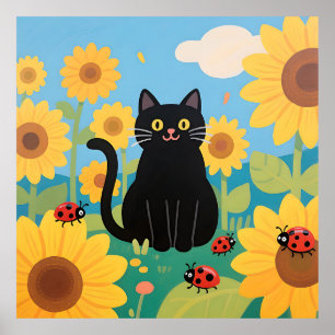 Póster Gatos negros Girasoles Mariquitas