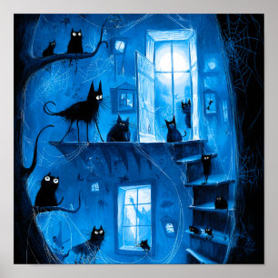 Póster Gatos negros góticos caprichosos de Halloween espe