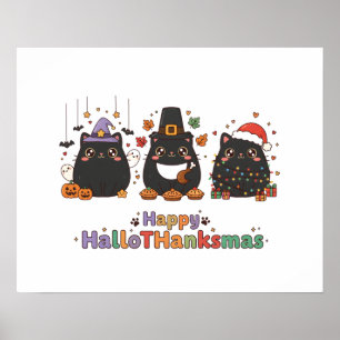 Póster Gatos Negros Kawaii Feliz HalloGraciasmas