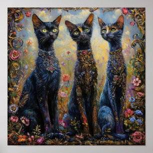 Póster Gatos negros largos entre flores Estética