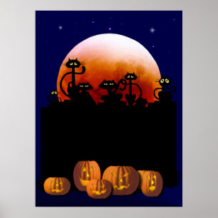 Póster Gatos negros, luna, Poster de calabazas