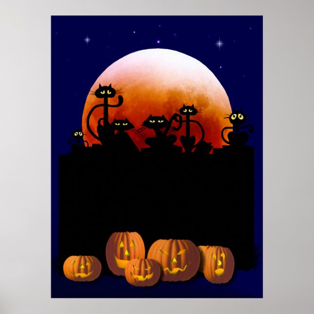 Póster Gatos negros, luna, Poster de calabazas (Frente)