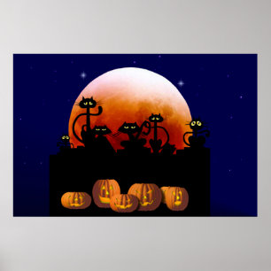 Póster Gatos negros, luna, Poster de calabazas