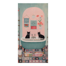 Póster Gatos negros retro lindo en el cuarto de baño azul
