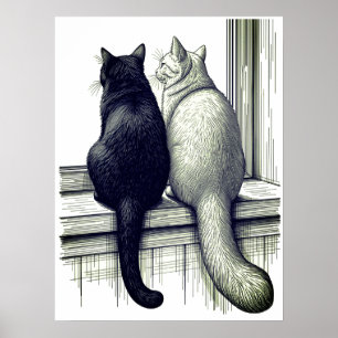 Póster Gatos negros y blancos en la ventana