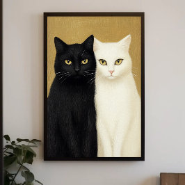 Póster Gatos negros y blancos sobre fondo dorado Pintura