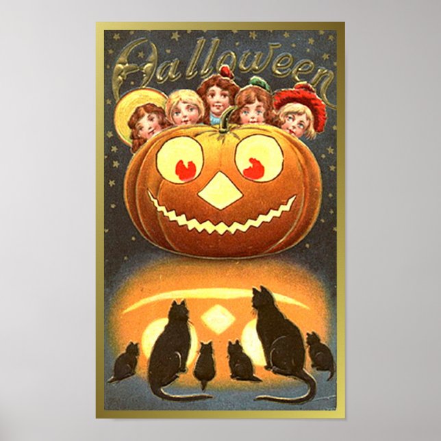 Póster Gatos observando niños y calabazas VIntage Hallowe (Frente)