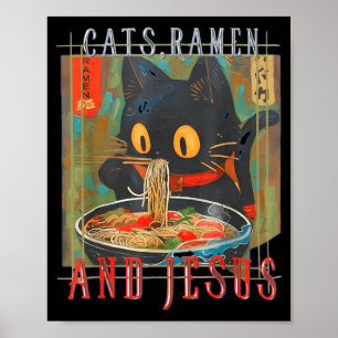 Póster Gatos Ramen y Jesús Diseño Divertido de Gato Crist