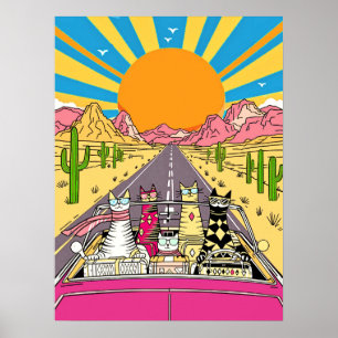 Póster Gatos Retro de Vacaciones en un Viaje por Carreter