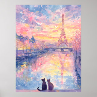 Póster Gatos románticos en el atardecer de París – Estilo