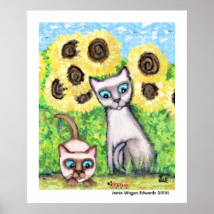 Póster Gatos siameses con Caterpillar y los girasoles