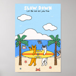 Póster Gatos Surfistas En La Playa Vibraciones De Verano