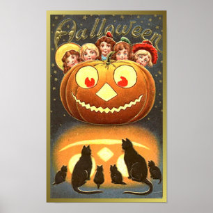 Póster Gatos viendo niños y calabazas en Halloween (