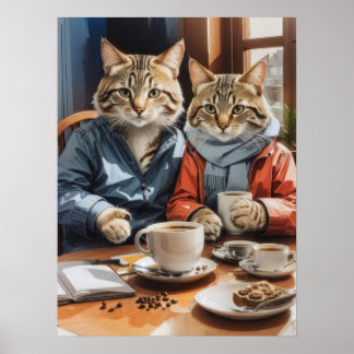 Póster Gatos y café