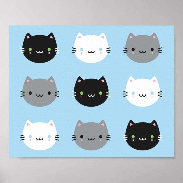 Póster Gatos y gatitos de Kawaii (azul) (Frente)