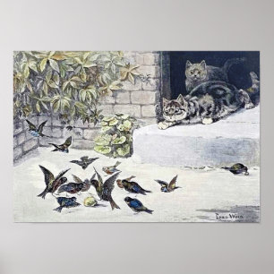 Póster Gatos y pájaros de jardín, Louis Wain