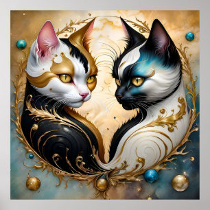 Póster Gatos Yin-Yang con Elementos Cósmicos Mágicos