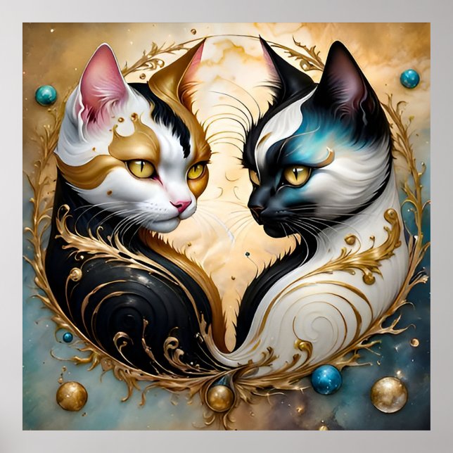Póster Gatos Yin-Yang con Elementos Cósmicos Mágicos (Frente)