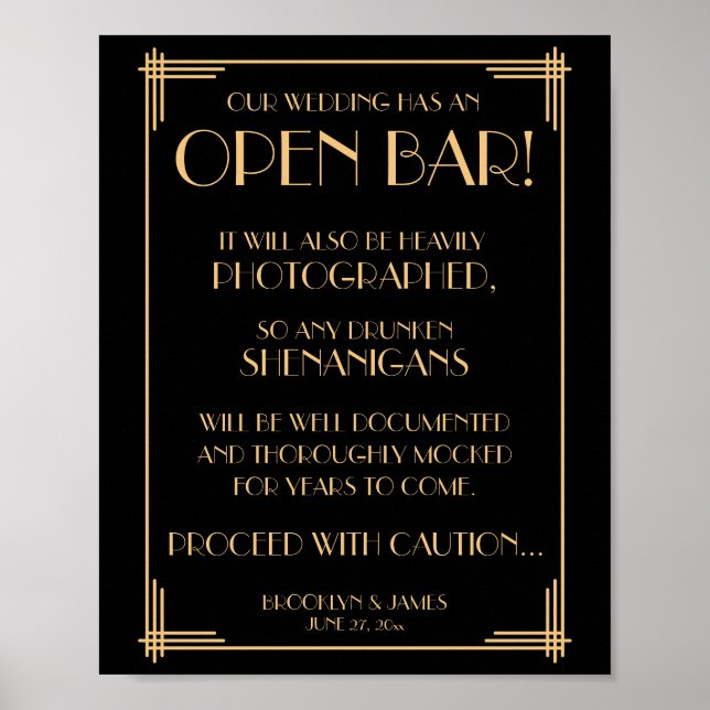 Póster Gatsby Open Bar Rótulo 8x10 De Estilo Art Deco Neg (Frente)