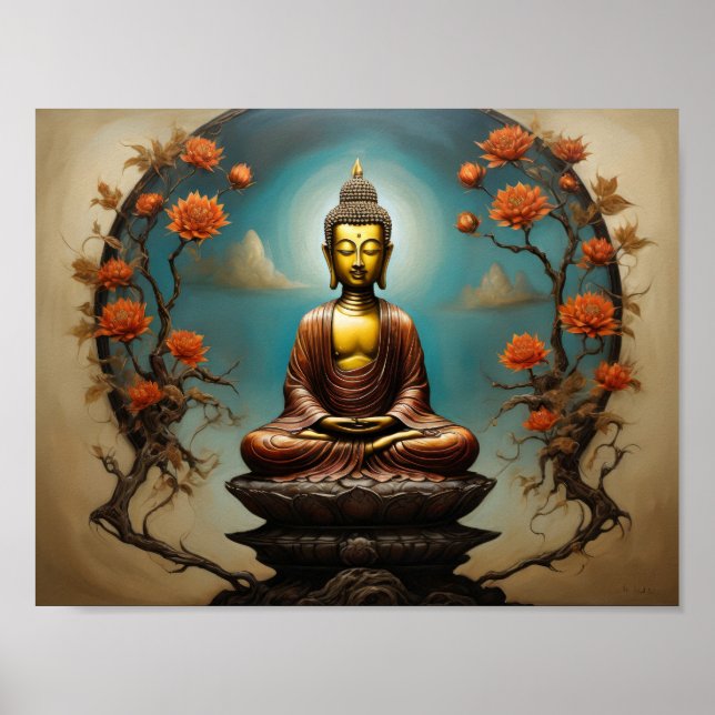 Póster Gautama Buda meditando con árbol de flores  (Frente)