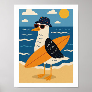 Póster Gaviota Surfista Genial Vacaciones Retro en la Pla