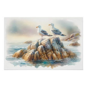 Póster Gaviotas Costeras Acuarela Paisaje Marítimo