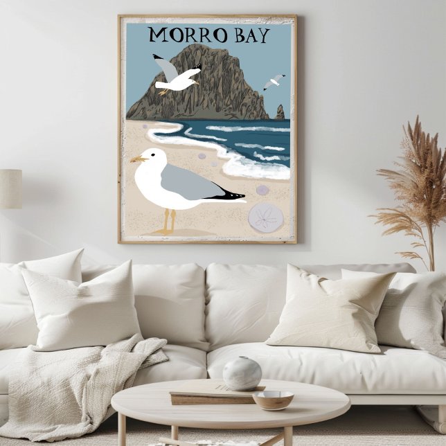 Póster Gaviotas de playa de Morro Rock Bay Central Califo (Morro Rock Bay Central California Beach Seagulls Poster
)