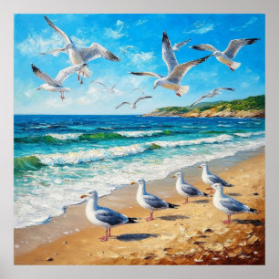 Póster Gaviotas en una orilla con olas del océano