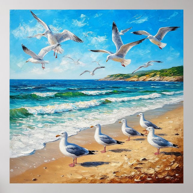 Póster Gaviotas en una orilla con olas del océano (Frente)