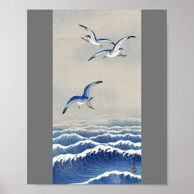 Póster Gaviotas sobre las olas, Watanabe Seitei (Frente)
