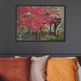 Póster Gazebo de jardín y hojas rojas de arce