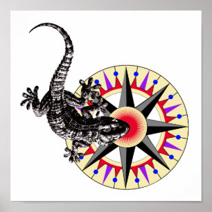 Póster Gecko Lizard y Rosa de brújula