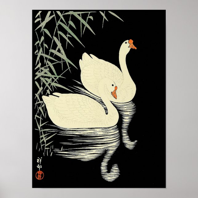 Póster Geese blanco oriental por cañas de Ohara Koson (Frente)