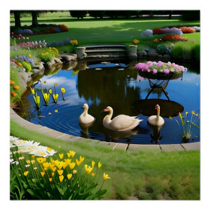 Póster Geese en el estanque con flores y hierba
