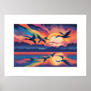 Póster Geese sobre el agua al amanecer