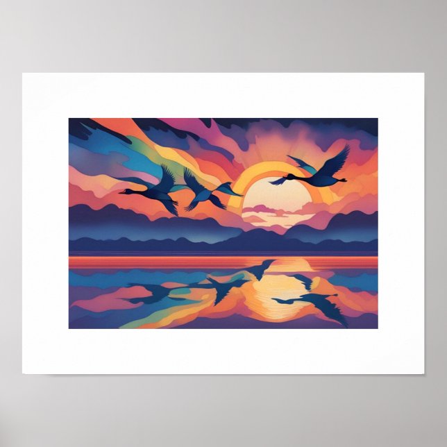 Póster Geese sobre el agua al amanecer (Frente)