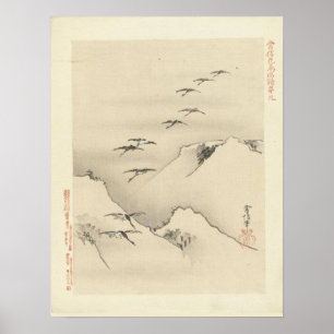 Póster Geese sobre montañas, pintura japonesa antigua