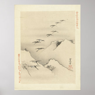 Póster Geese sobre montañas, pintura japonesa antigua