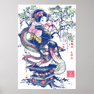 Póster Geisha Chica con dragón y gatos 37004